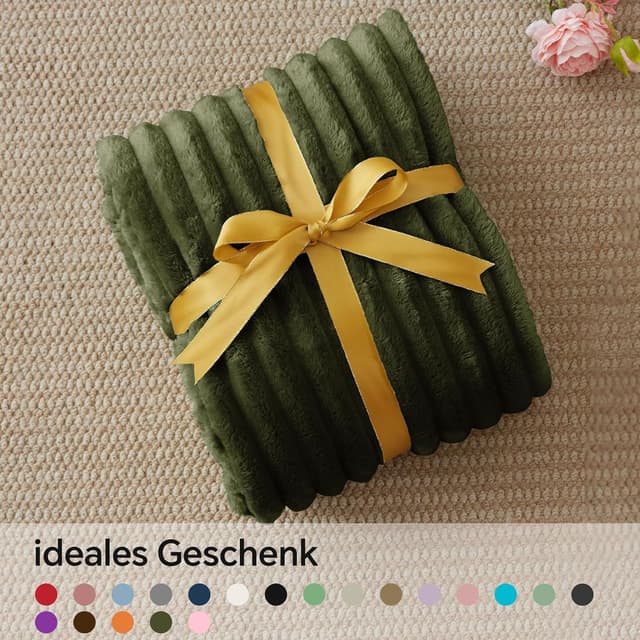 Detalle 2 de BEDELITE Kuscheldecke flauschig in Olivgrün (125x150) – weiche Flanell-Decke als Sofaüberwurf