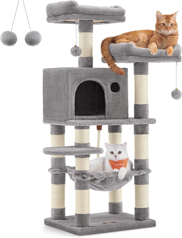 Detalle de Feandrea 112 cm Cat Tree (PCT215W01) with 11 Scratching Posts, Hammock & Cave – Light Grey
