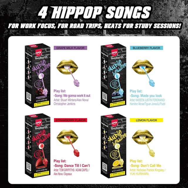 Detalle 2 de AMOS Musik-Lutscher Audio Lollipop 4er-Set (Erdbeere, Traube, Blaubeere, Zitrone) – zuckerfrei, glutenfrei, einzeln verpackt