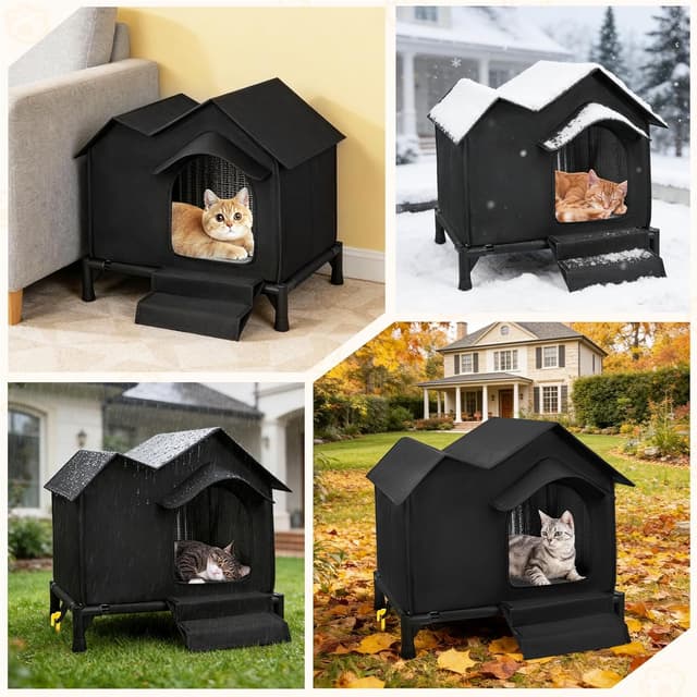Thumbnail 6 de Large Outdoor Elevated Double-roof Waterproof Cat House with Stairs, Winter & Summer Weatherproof Warm Shelter (Black)