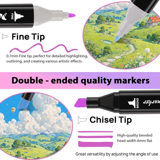 Detalle de XIGENIC 120 Alkohol Marker Set – 120 Farben mit Twin-Tip Spitze zum Skizzieren, Manga & Coloring Book