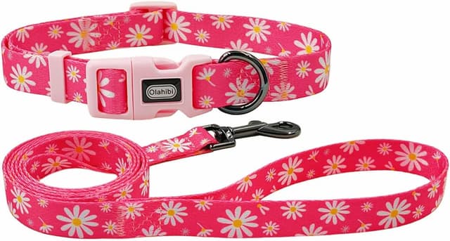 Detalle de Olahibi Dog Collar and Leash Combo Set (Floral Pattern, Polyester) with 150CM matching leash – XS Pink Daisy
