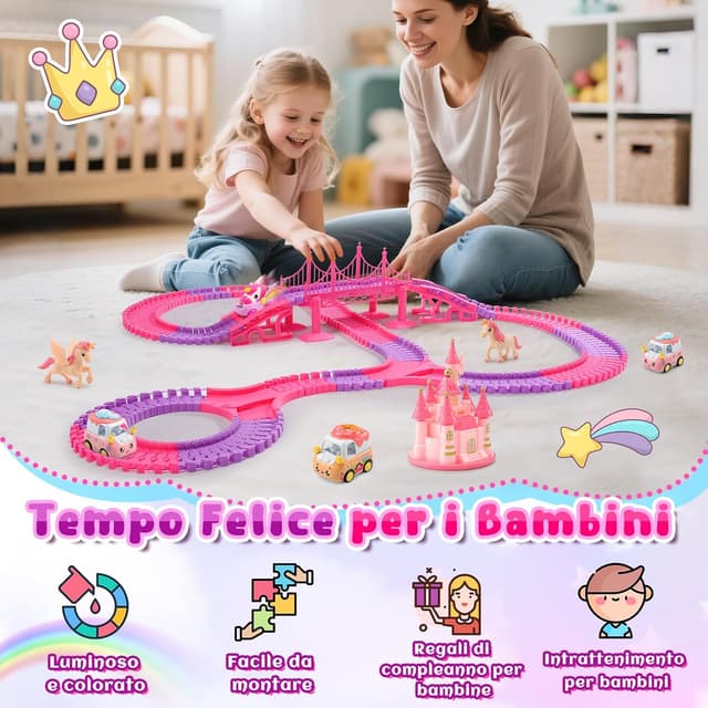 Detalle de iKidiki Unicorno Bambina: set pista macchinine con castello magico e 200 pezzi (3–8 anni)