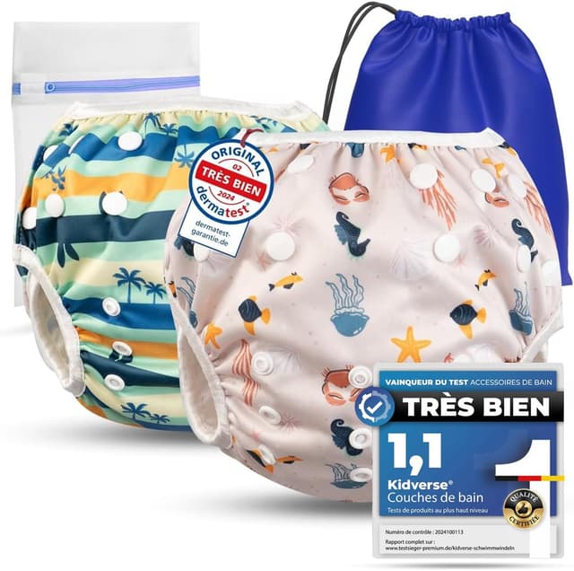 Detalle de KIDVERSE 2er-Set Schwimmwindel Baby (0–3 Jahre) – wiederverwendbare Badehose mit Größenverstellung, Tragetasche & Wäschenetz