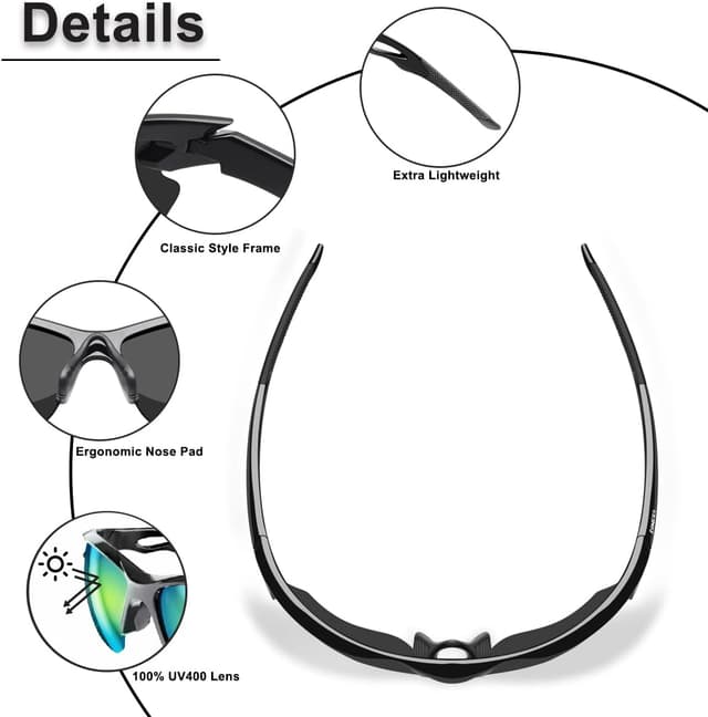 Detalle 2 de BONDDI Lunettes de Soleil Sport Polarisées TR90 incassables UV400 pour cyclisme, conduite, golf, ski et course