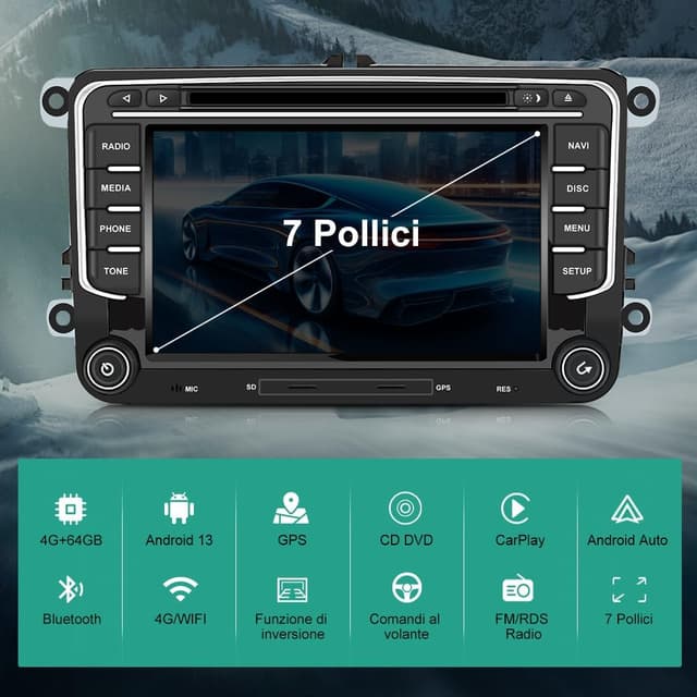 Detalle 2 de Hexinex autoradio 2 DIN Android 7" 4G con CarPlay/Android Auto, 4+64GB e GPS per VW Golf 5/6, Polo, Passat e altri