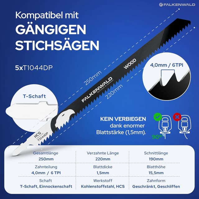Detalle 2 de FALKENWALD® Stichsägeblätter Holz T1044DP – extra lang (250 mm) bis 190 mm Schnitttiefe, 6 TPI, T-Schaft
