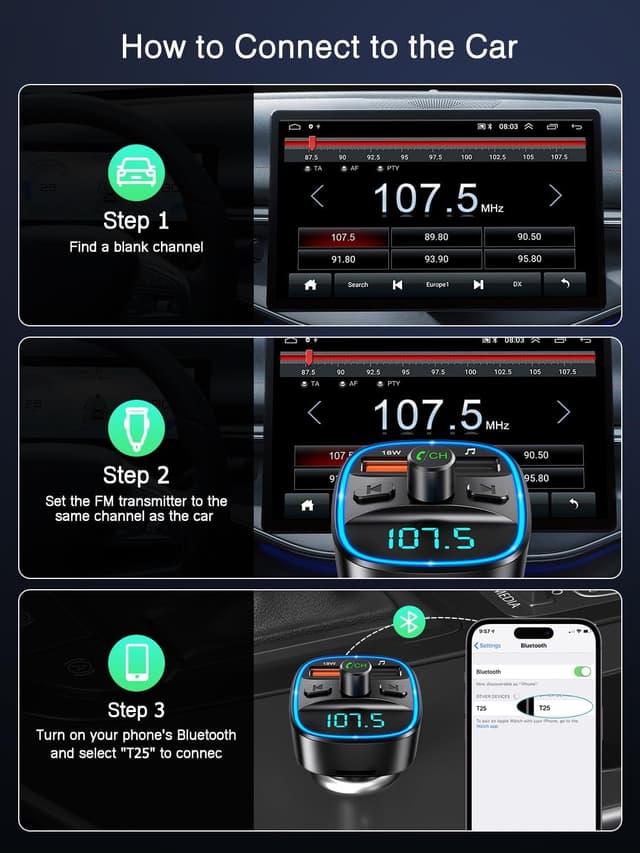 Detalle de ORIA Bluetooth FM Transmitter fürs Auto (Bluetooth 5.3, Freisprechen, Mikrofon mit CVC, SD-/USB-Wiedergabe)