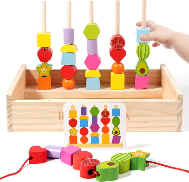 Detalle de INIFEIDALA Toddler Montessori Learning Toy: Rainbow Stacking & Lacing Beads Wooden Peg Board Set