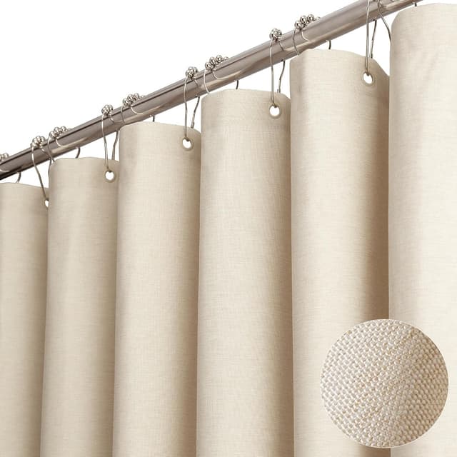 Detalle de BTTN Linen-Texture Fabric Shower Curtain Set (72"x72") with 12 Plastic Hooks, Beige/Cream