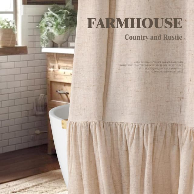 Detalle de XOGUIBO Farmhouse Shower Curtain with Ruffle Hem (Linen-Blend Look), 72 x 72