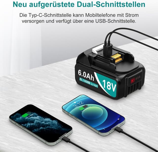 Detalle de 2er Pack 6,0 Ah Ersatzakkus für Makita 18V (BL1860/BL1850/BL1830 & LXT 400) mit LED und USB-Ausgang