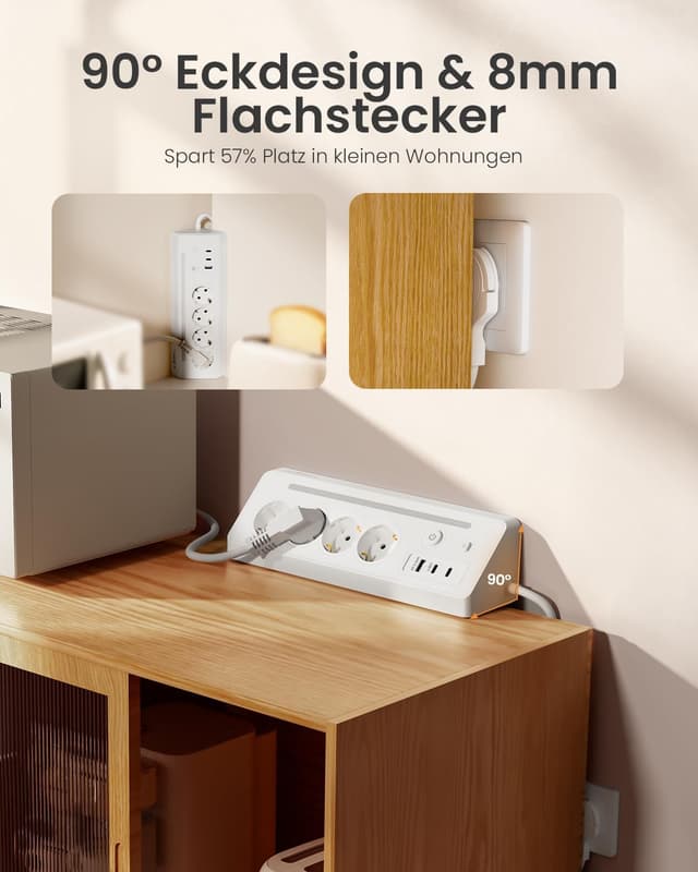 Detalle 2 de Honizer 7-in-1 Desktop Steckdosenleiste mit 90° Ecksteckdose, 2 Schaltern, 4× Schuko & USB-A/2× USB-C