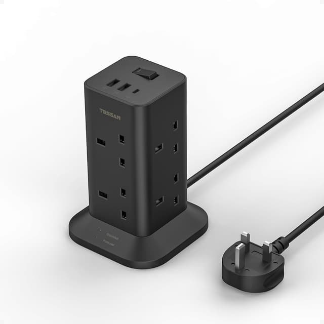 Detalle de TESSAN Tower Black 8-Way Extension Lead with USB-C and USB-A Ports (2m) — Surge Protected