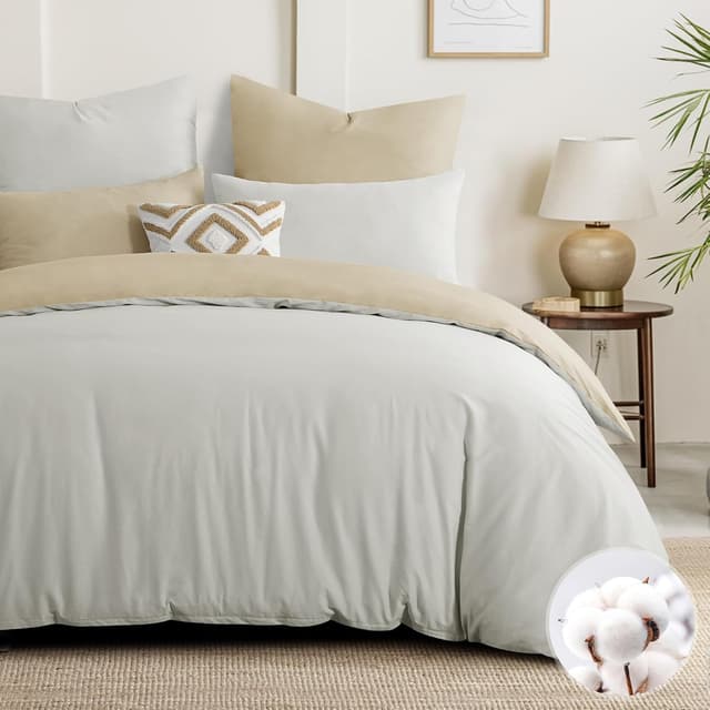 Detalle de Aisbo Bettwäsche 200x220 cm aus Baumwolle (Khaki/Beige) – Wendebettwäsche 3-teilig mit Reißverschluss
