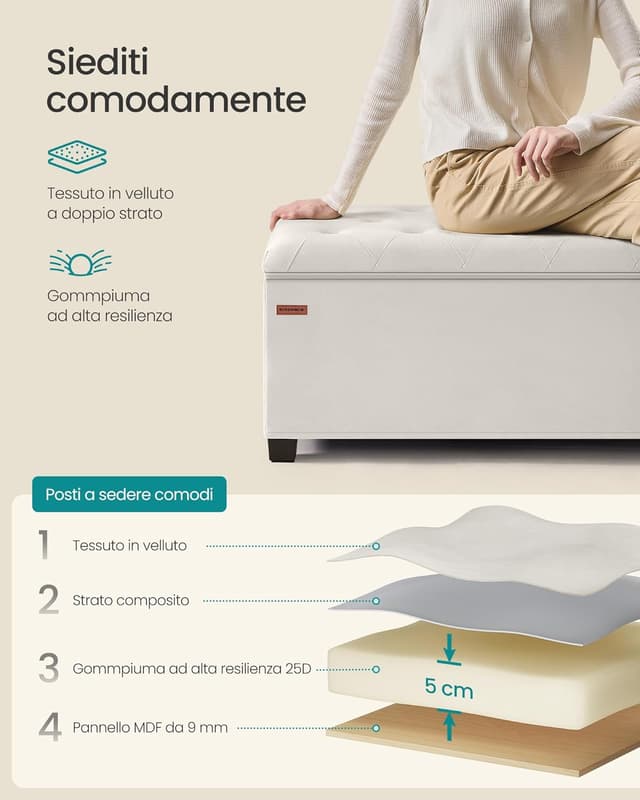 Detalle 1 de SONGMICS Cassapanca Pouf contenitore bianco crema con gambe in legno LSF089W01, 40 x 110 x 39 cm