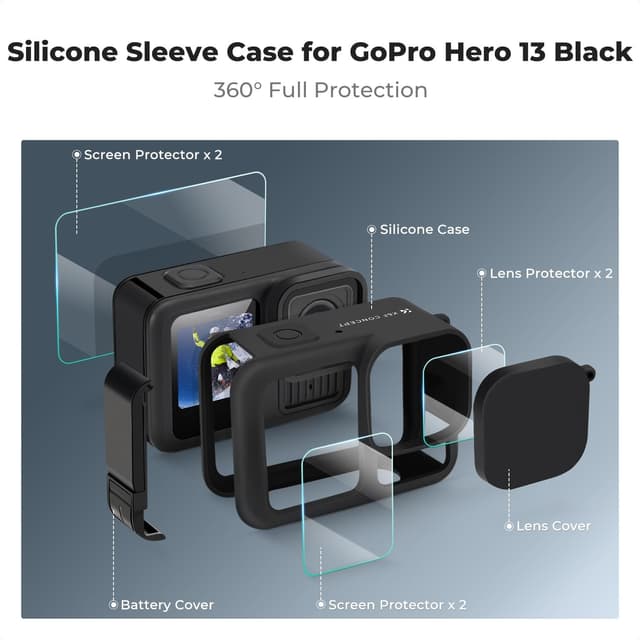 Detalle 2 de K&F CONCEPT Silicone Sleeve Case Kit for GoPro Hero 13 Black (battery side cover, lens caps, screen protectors & lanyard)