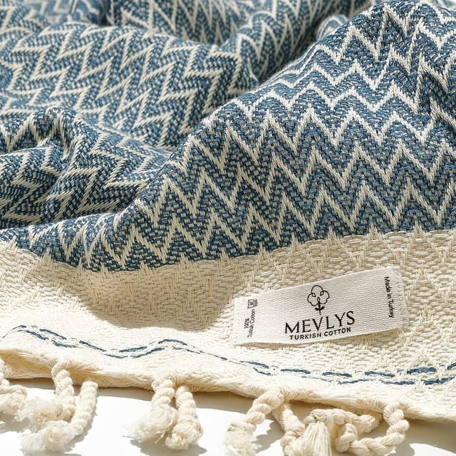 Detalle de MEVLYS Saunatuch & Hamamtuch im 2er-Set (Baumwolle), 100 x 180 cm – Petrol Blau/Pastellbeige