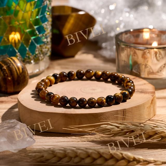 Detalle de Bivei braccialetto da donna con perline 6 mm in cristallo naturale e occhio di tigre, elastico