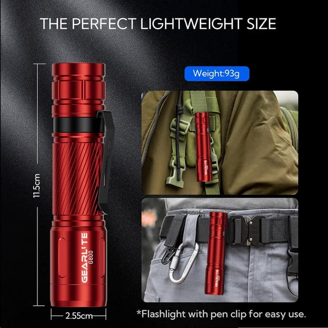 Detalle de GEARLITE G800 Mini LED-Taschenlampe mit Akku, 2000 Lumen, zoombar, 3 Modi, IP65 (rot)