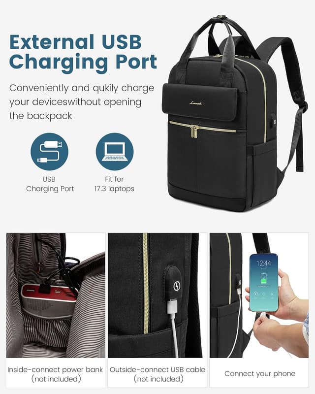 Detalle de LOVEVOOK Women’s Laptop Backpack (17.3 inch) with USB Port, Lightweight Travel Rucksack – Black