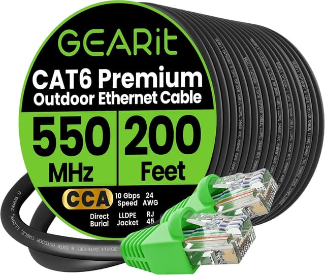 Detalle de GEARit Cat6 Ethernet Cable 200ft (Outdoor Direct Burial, 24AWG, RJ45, UV-Resistant Jacket)