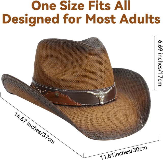 Detalle de WQWOVRVO Straw Cowboy Hat with Shapeable Wide Brim (Adjustable Band) for Men & Women