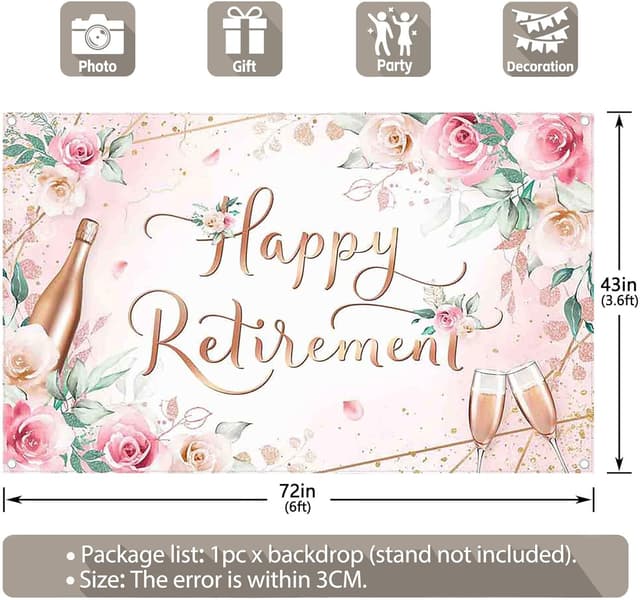 Detalle de Luminora 72x43 inch Pink Happy Retirement Backdrop (Flowers & Leaves) – photo banner props