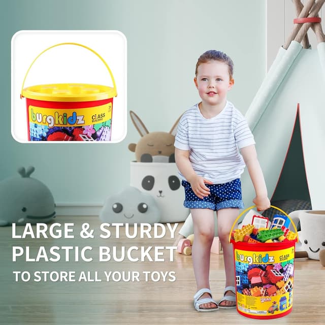 Detalle 2 de burgkidz Classic Große Bausteine Lernspielzeug-Set im Plastikeimer, 214-teilig