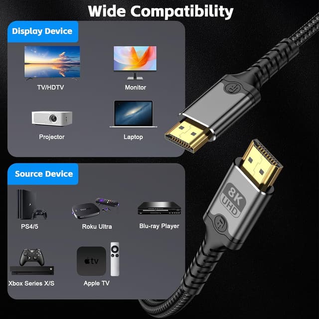 Detalle 2 de Herfair 8K HDMI Cable (HDMI 2.1, 48Gbps) – 1m Ultra High Speed Gold-Plated for eARC, HDR10 and 4K@120Hz