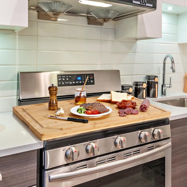 Detalle de 30 x 20 Extra-Large Bamboo Cutting Board with Juice Groove, Handle & Spout Well