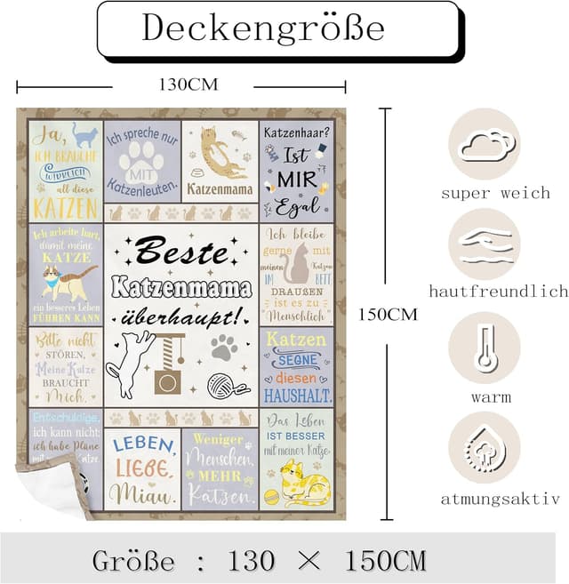 Thumbnail 6 de Jinmaple Geschenk für Katzenliebhaber: Katzenmama-Fleece-Decke 150 x 130 cm