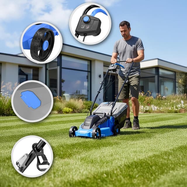 Detalle 2 de KANWOD Tagliaerba Elettrico 1200 W: larghezza di taglio 32 cm, cesto 30 L, 3 altezze 30–70 cm