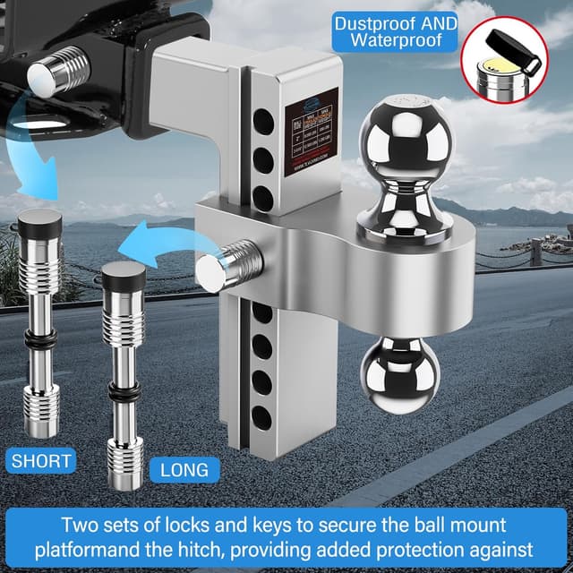 Detalle de Tlvuvmo Drop Hitch Adjustable Trailer Hitch for 2-Inch Receivers (8-Inch Drop/Rise, Dual Ball, Anti-Theft Pins)