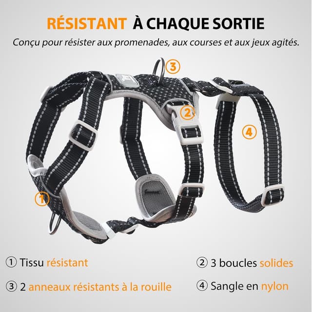 Detalle 1 de Huntboo Harnais anti-fugue réfléchissant anti-traction pour chien (noir, taille L)