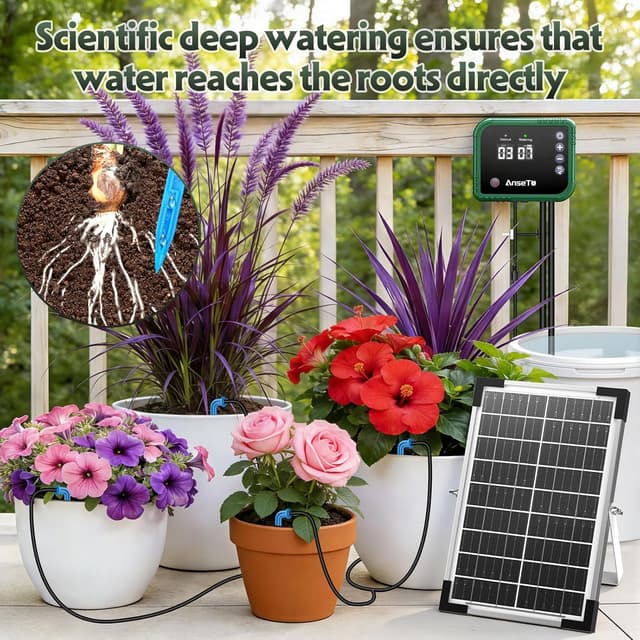 Detalle de AnseTo Arrosage goutte à goutte solaire 8 W avec minuterie – kit d’irrigation 35 m et 30 goutteurs
