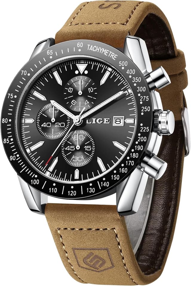 Detalle de LIGE Montre Homme chronographe analogique Quartz bracelet cuir souple 45 mm