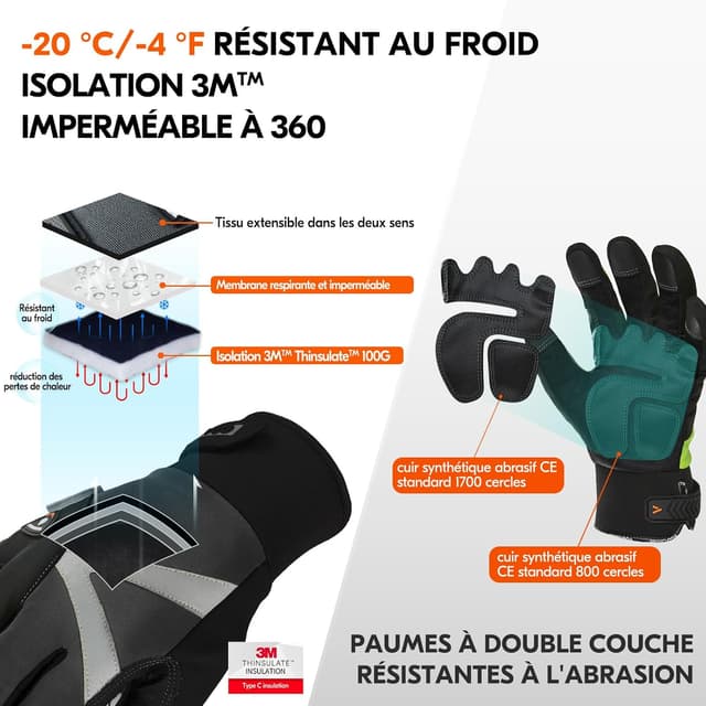 Detalle 2 de Vgo... 2 paires de gants de travail hiver étanches, Thinsulate avec écran tactile (SL8777FW) noir, taille XL