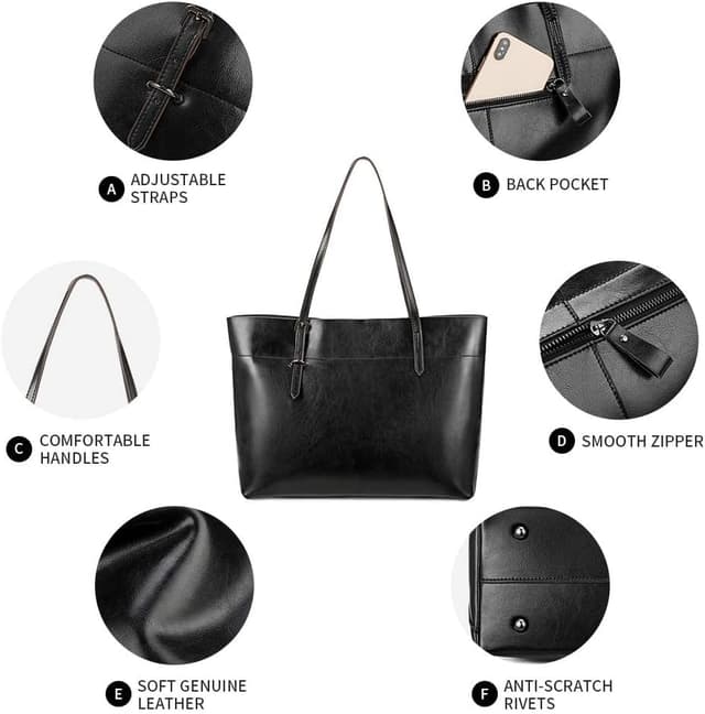 Detalle de Kattee vintage genuine leather tote shoulder handbag with adjustable handles