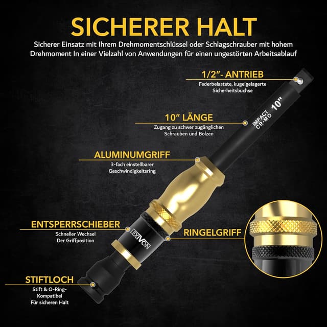 Detalle de Schlagschrauber-Steckschlüsselverlängerung 1/2" (12,5 mm), 25 cm – einstellbar in 3 Positionen aus Cr-Mo-Stahl