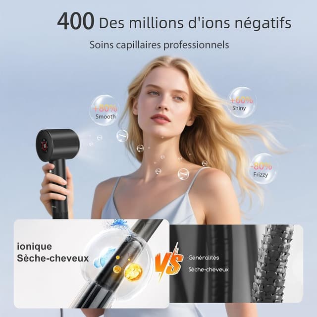 Detalle de Aigostar Sèche-cheveux ionique de voyage avec diffuseur magnétique — 400 millions d’ions négatifs, moteur BLDC 110 000 tr/min, 57 dB (390 g) Noir