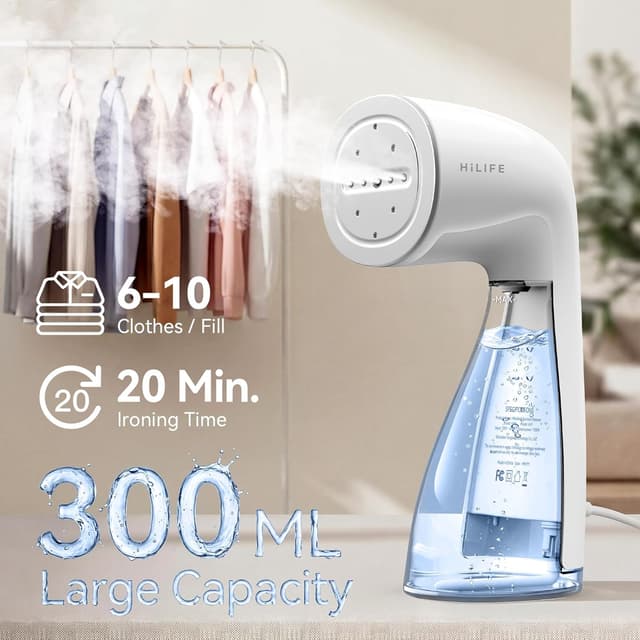Detalle de HiLIFE Upgraded 1100W Handheld Clothes Steamer (300ml, 120V) — Portable Wrinkle Remover for Travel