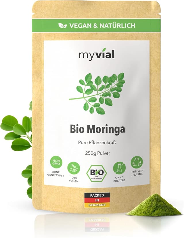 Detalle de Bio Moringa Pulver 250 g – Premium Blattpulver aus Moringa oleifera (roh verarbeitet), vegan, plastikfrei