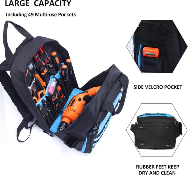 Detalle de AUMTISC Sac à dos pour outils d’électricien avec organisateur multi-poches (bleu)