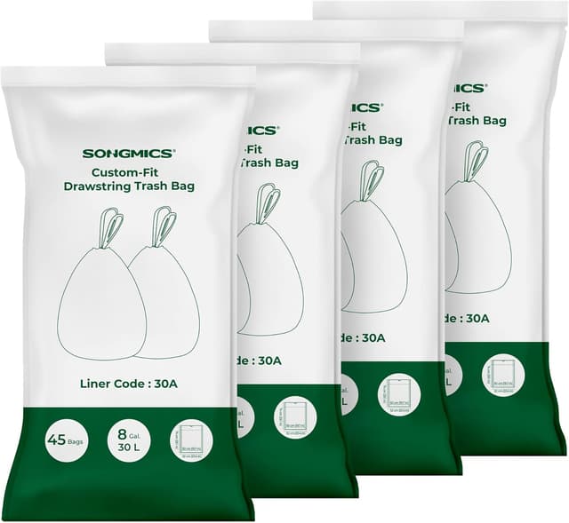 Detalle de SONGMICS Müllbeutel mit Zugband für 30 Liter, 4 Rollen (insgesamt 180 Stück), hochbelastbar, weiß – Code 30A