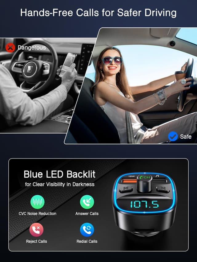 Detalle de ORIA Bluetooth FM Transmitter fürs Auto (Bluetooth 5.3, Freisprechen, Mikrofon mit CVC, SD-/USB-Wiedergabe)