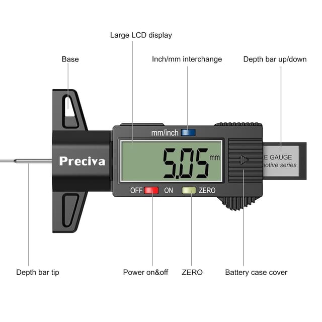 Detalle de Preciva Reifen-Profilmessgerät Profiltiefenmesser 0–25 mm mit LCD-Display und Ersatzbatterie