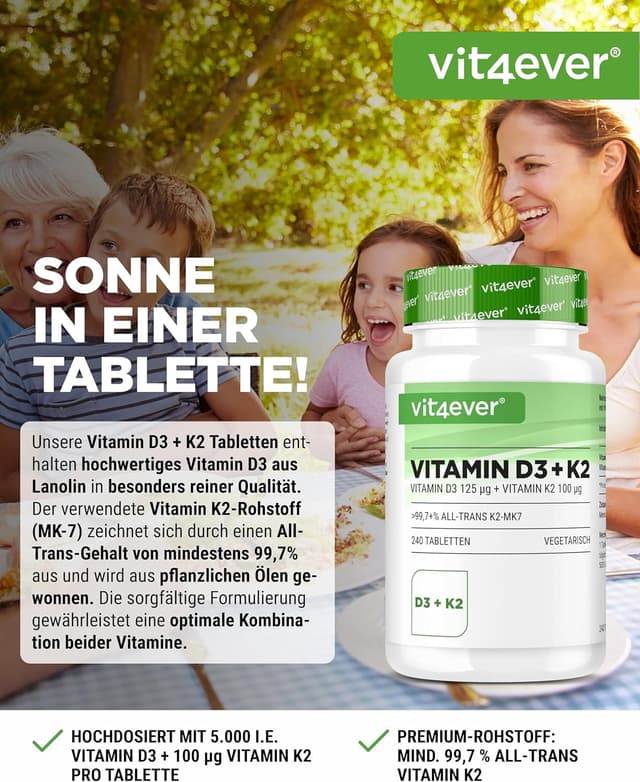 Detalle 2 de vit4ever Vitamin D3 + K2 Depot 240 Tabletten