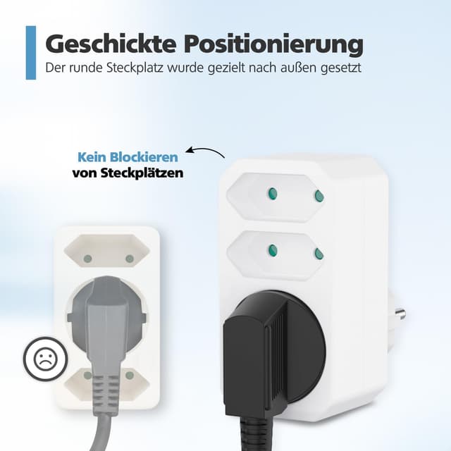 Detalle 2 de benon 2er-Set Mehrfachstecker weiß mit Kindersicherung – 2 Euro + 1 Schuko, bis 3 Geräte