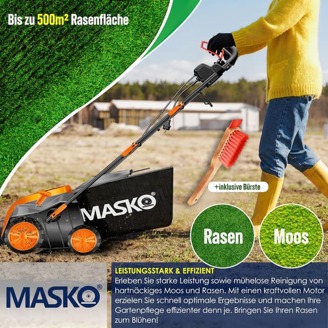 Detalle de MASKO® Elektro 2in1 Vertikutierer & Rasenlüfter 1800 W, 40 cm Arbeitsbreite, 55-L Fangkorb